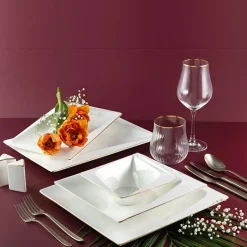 Karaca Tafelservice Für 12 Personen-Jumbo Fold Gold 58-teiliges eckiges Tafelservice für 12 Personen