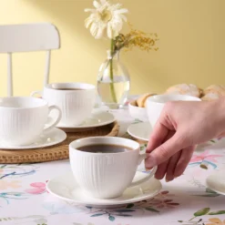 Karaca Teetassen Sets-Anna Embossed Teetassen-Set für 6 Personen, 220 ml Weıß01
