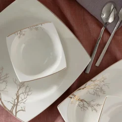 Karaca Tafelservice Für 12 Personen-Autumn Fine Cream 60-teiliges Porzellangeschirr für 12 Personen quadratisch Gold