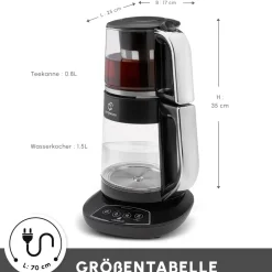 Karaca Teekocher-Çaysever 3 in 1 Sprechende Glas Teekocher Wasserkocher und Vorbereitung von Speisewasser, 1700W, Chrom Schwarz Chrom