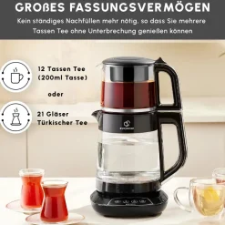 Karaca Teekocher-Çaysever 3 in 1 Sprechende Glas Teekocher Wasserkocher und Vorbereitung von Speisewasser, 1700W, Chrom Schwarz Chrom