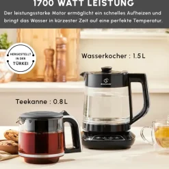 Karaca Teekocher-Çaysever 3 in 1 Sprechende Glas Teekocher Wasserkocher und Vorbereitung von Speisewasser, 1700W, Chrom Schwarz Chrom