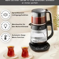 Karaca Teekocher-Çaysever 3 in 1 Sprechende Glas Teekocher Wasserkocher und Vorbereitung von Speisewasser, 1700W, Chrom Schwarz Chrom