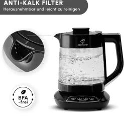 Karaca Teekocher-Çaysever 3 in 1 Sprechende Glas Teekocher Wasserkocher und Vorbereitung von Speisewasser, 1700W, Chrom Schwarz Chrom