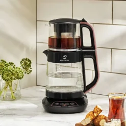 Karaca Teekocher-Çaysever 3 in 1 Sprechende Glas Teekocher Wasserkocher und Vorbereitung von Speisewasser 1700W, Rosegold