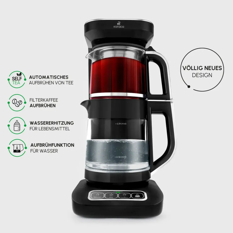 Karaca Teekocher-Çaysever Robotea Pro 4 in 1 Sprechende Automatische Glas-Teemaschine, Wasserkocher und Filterkaffeemaschine, , 2500W Schwarz Chrom