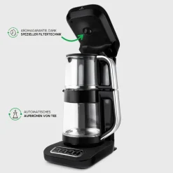Karaca Teekocher-Çaysever Robotea Pro 4 in 1 Sprechende Automatische Glas-Teemaschine, Wasserkocher und Filterkaffeemaschine, , 2500W Schwarz Chrom