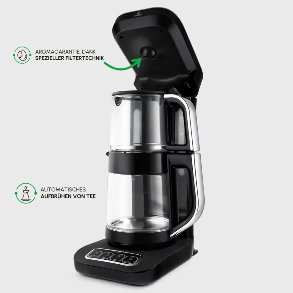 Karaca Teekocher-Çaysever Robotea Pro 4 in 1 Sprechende Automatische Glas-Teemaschine, Wasserkocher und Filterkaffeemaschine, , 2500W Schwarz Chrom