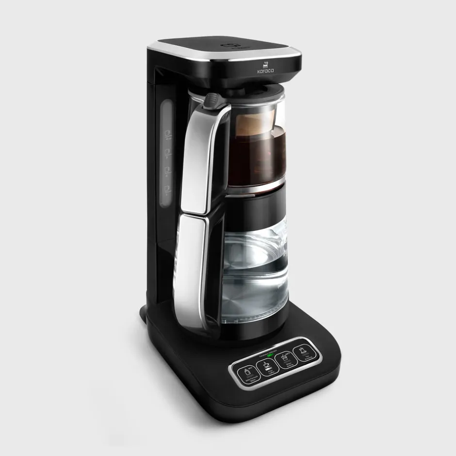 Karaca Teekocher-Çaysever Robotea Pro 4 in 1 Sprechende Automatische Glas-Teemaschine, Wasserkocher und Filterkaffeemaschine, , 2500W Schwarz Chrom