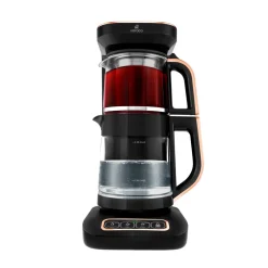 Karaca Teekocher-Çaysever Robotea Pro 4 in 1 Sprechende Automatische Glas-Teemaschine, Wasserkocher und Filterkaffeemaschine 2500W Schwarz Kupfer