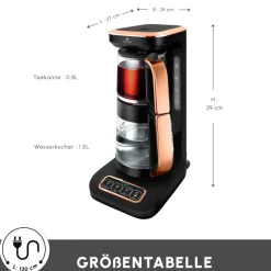 Karaca Teekocher-Çaysever Robotea Pro 4 in 1 Sprechende Automatische Glas-Teemaschine, Wasserkocher und Filterkaffeemaschine 2500W Schwarz Kupfer