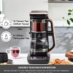 Karaca Teekocher-Çaysever Robotea Pro 4 in 1 Sprechende Automatische Glas-Teemaschine, Wasserkocher und Filterkaffeemaschine 2500W Schwarz Kupfer