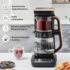 Karaca Teekocher-Çaysever Robotea Pro 4 in 1 Sprechende Automatische Glas-Teemaschine, Wasserkocher und Filterkaffeemaschine 2500W Schwarz Kupfer
