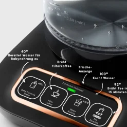 Karaca Teekocher-Çaysever Robotea Pro 4 in 1 Sprechende Automatische Glas-Teemaschine, Wasserkocher und Filterkaffeemaschine 2500W Schwarz Kupfer