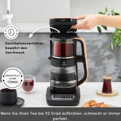Karaca Teekocher-Çaysever Robotea Pro 4 in 1 Sprechende Automatische Glas-Teemaschine, Wasserkocher und Filterkaffeemaschine 2500W Schwarz Kupfer