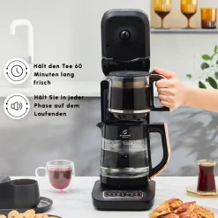 Karaca Teekocher-Çaysever Robotea Pro 4 in 1 Sprechende Automatische Glas-Teemaschine, Wasserkocher und Filterkaffeemaschine 2500W Schwarz Kupfer