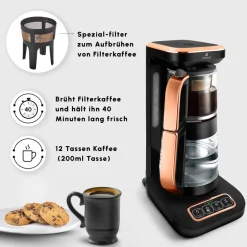 Karaca Teekocher-Çaysever Robotea Pro 4 in 1 Sprechende Automatische Glas-Teemaschine, Wasserkocher und Filterkaffeemaschine 2500W Schwarz Kupfer