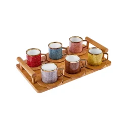 Karaca Mokka & Espressotassen Set-Bambus farbige Kaffeetasse Set, 6 Personen, 90 ml mit Tablett Multıfarben