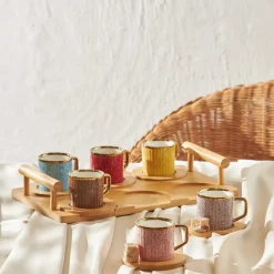 Karaca Mokka & Espressotassen Set-Bambus farbige Kaffeetasse Set, 6 Personen, 90 ml mit Tablett Multıfarben