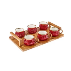 Karaca Mokka & Espressotassen Set-Bambus Rot Kaffeetassen-Set 90 ml, 6 Personen, mit Tablett Rot02