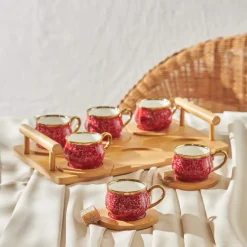 Karaca Mokka & Espressotassen Set-Bambus Rot Kaffeetassen-Set 90 ml, 6 Personen, mit Tablett Rot02