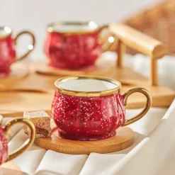 Karaca Mokka & Espressotassen Set-Bambus Rot Kaffeetassen-Set 90 ml, 6 Personen, mit Tablett Rot02