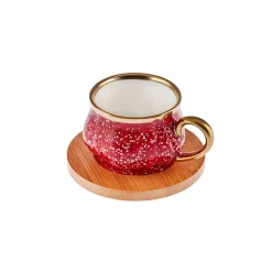 Karaca Mokka & Espressotassen Set-Bambus Rot Kaffeetassen-Set 90 ml, 6 Personen, mit Tablett Rot02