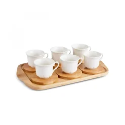 Karaca Mokka & Espressotassen Set-Bambus-Tablett 6-Personen-Kaffeetassen-Set, 90 ml Weıß01