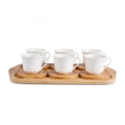 Karaca Mokka & Espressotassen Set-Bambus-Tablett 6-Personen-Kaffeetassen-Set, 90 ml Weıß01