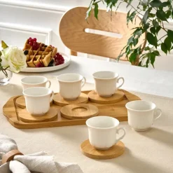 Karaca Mokka & Espressotassen Set-Bambus-Tablett 6-Personen-Kaffeetassen-Set, 90 ml Weıß01