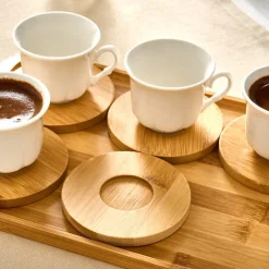 Karaca Mokka & Espressotassen Set-Bambus-Tablett 6-Personen-Kaffeetassen-Set, 90 ml Weıß01