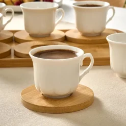 Karaca Mokka & Espressotassen Set-Bambus-Tablett 6-Personen-Kaffeetassen-Set, 90 ml Weıß01