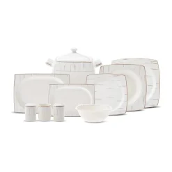 Karaca Tafelservice Für 12 Personen-Batik Cream 60-teiliges Tafelgeschirr-Set für 12 Personen Quadrat Gold