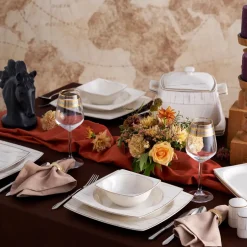 Karaca Tafelservice Für 12 Personen-Batik Cream 60-teiliges Tafelgeschirr-Set für 12 Personen Quadrat Gold