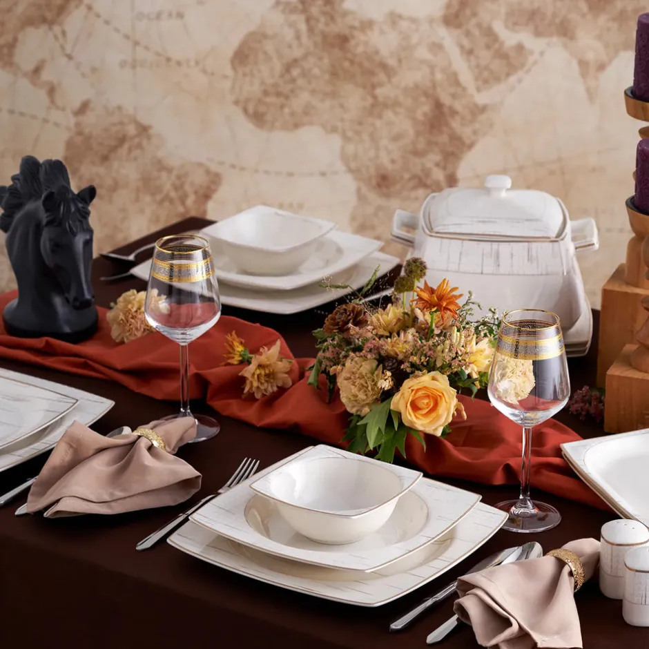 Karaca Tafelservice Für 12 Personen-Batik Cream 60-teiliges Tafelgeschirr-Set für 12 Personen Quadrat Gold