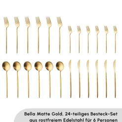 Karaca Bestecksets Für 6 Personen-Bella Matte Gold Besteck Set für 6 Personen, 24 Teilig Matt Gold
