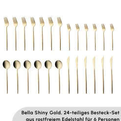 Karaca Bestecksets Für 6 Personen-Bella Shiny Gold Besteck Set für 6 Personen, 24 Teilig Glänzend Schwarz