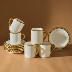 Karaca Mokka & Espressotassen Set-Boncuk 12-teiliges Bone China Espresso Türkisch-Kaffeetassen-Set für 6 Personen, 80 ml, Weiß Gold Weıß01