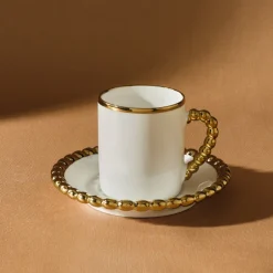 Karaca Mokka & Espressotassen Set-Boncuk 12-teiliges Bone China Espresso Türkisch-Kaffeetassen-Set für 6 Personen, 80 ml, Weiß Gold Weıß01