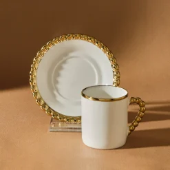 Karaca Mokka & Espressotassen Set-Boncuk 12-teiliges Bone China Espresso Türkisch-Kaffeetassen-Set für 6 Personen, 80 ml, Weiß Gold Weıß01