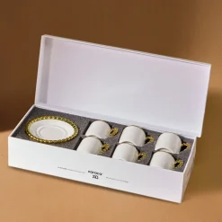 Karaca Mokka & Espressotassen Set-Boncuk 12-teiliges Bone China Espresso Türkisch-Kaffeetassen-Set für 6 Personen, 80 ml, Weiß Gold Weıß01