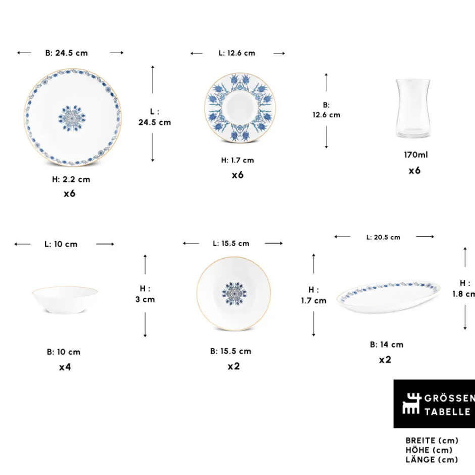 Karaca Frühstücksset Für 6 Personen-Bone China İznik 26-teiliges Servierset für 6 Personen, Mehrfarbig Multıcolor