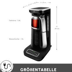Karaca Teekocher-Caysever Robotea Pro 4 in 1 sprechender automatischer Teekocher Wasserkocher und Filterkaffeemaschine 2500W Chrome Schwarz Chrom