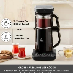 Karaca Teekocher-Caysever Robotea Pro 4 in 1 sprechender automatischer Teekocher Wasserkocher und Filterkaffeemaschine 2500W Chrome Schwarz Chrom
