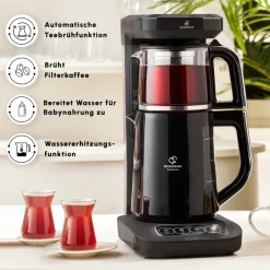 Karaca Teekocher-Caysever Robotea Pro 4 in 1 sprechender automatischer Teekocher Wasserkocher und Filterkaffeemaschine 2500W Chrome Schwarz Chrom