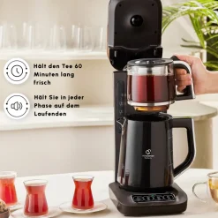 Karaca Teekocher-Caysever Robotea Pro 4 in 1 sprechender automatischer Teekocher Wasserkocher und Filterkaffeemaschine 2500W Chrome Schwarz Chrom