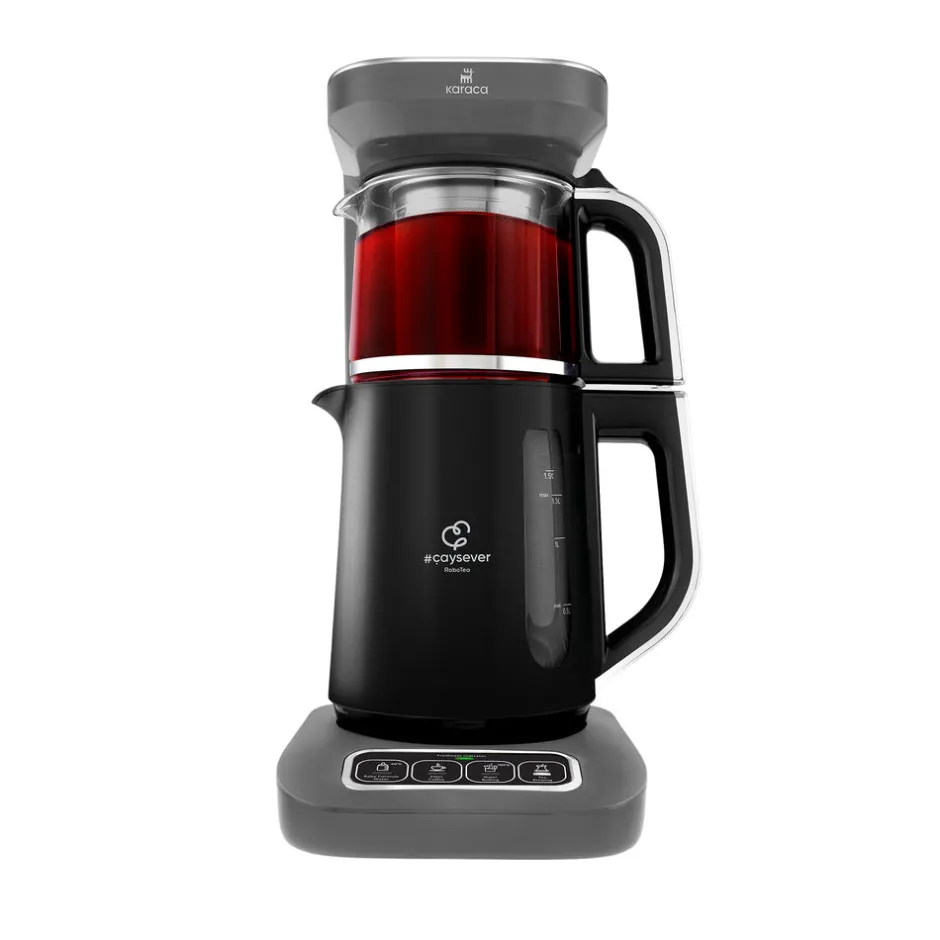 Karaca Teekocher-Caysever Robotea Pro 4 in 1 sprechender automatischer Teekocher Wasserkocher und Filterkaffeemaschine 2500W Space Grau