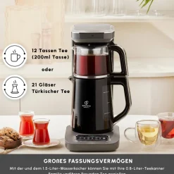 Karaca Teekocher-Caysever Robotea Pro 4 in 1 sprechender automatischer Teekocher Wasserkocher und Filterkaffeemaschine 2500W Space Grau
