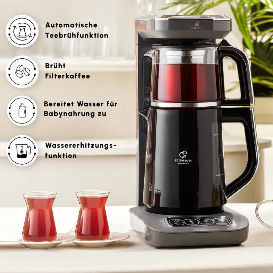 Karaca Teekocher-Caysever Robotea Pro 4 in 1 sprechender automatischer Teekocher Wasserkocher und Filterkaffeemaschine 2500W Space Grau