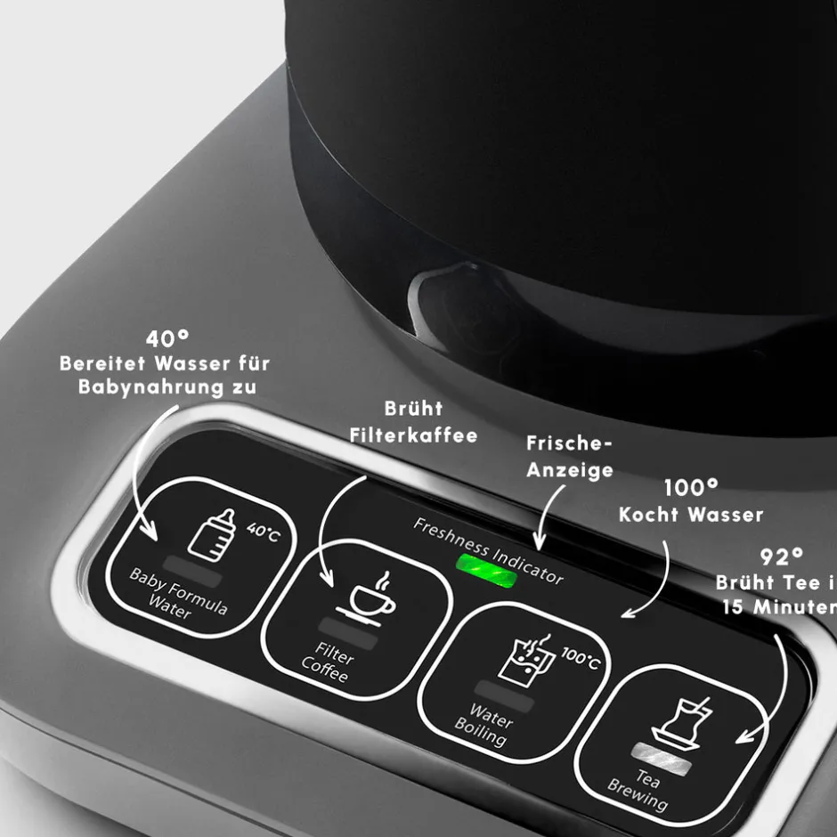 Karaca Teekocher-Caysever Robotea Pro 4 in 1 sprechender automatischer Teekocher Wasserkocher und Filterkaffeemaschine 2500W Space Grau